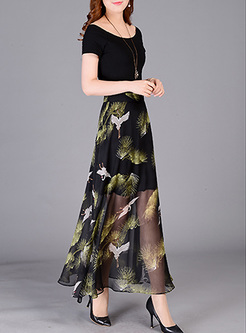 Ethnic Swan Print High Waist A-line Skirt