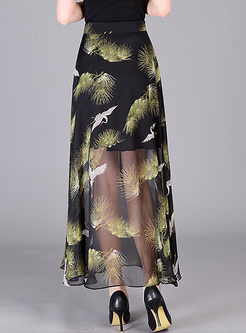 Ethnic Swan Print High Waist A-line Skirt