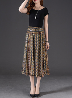 Ethnic Floral Print Elastic Waist Skirt