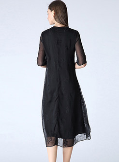 Brief Asymmetric Short Sleeve Embroidery Shift Dress