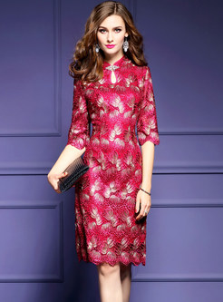 Vintage Stand Collar Embroidery Half Sleeve Bodycon Dress