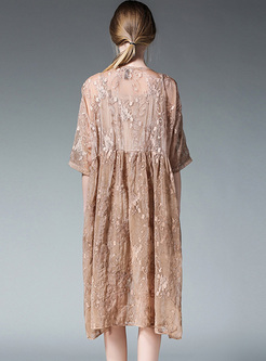 Vintage Embroidery Big Hem Shift Dress With Underskirt