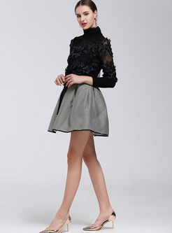 Chic Turtle Neck Patchwork Top & Stylish High Waist stripe Skirt