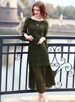 Sexy Lace Patch Flare Sleeve Hollow Slim Two Piece Outfits