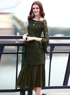 Sexy Lace Patch Flare Sleeve Hollow Slim Two Piece Outfits