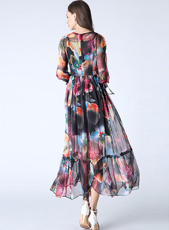 VIntage O-Neck Long Sleeve Print Peplum Maxi Dress