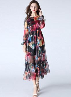 VIntage O-Neck Long Sleeve Print Peplum Maxi Dress