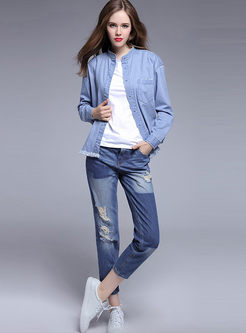 Fashionable Stand Collar Tassel Jean Jacket