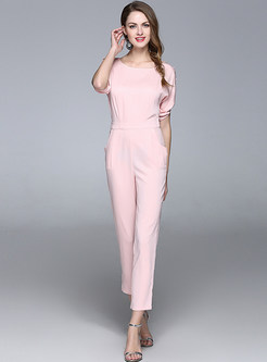 Cute O-neck Short Sleeve Solid Color Ankle-Length Jumpsuits