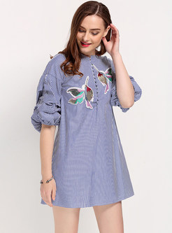 Cute Embroidery Striped Cotton Half Sleeve Shift Dress