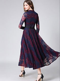 V-neck Hit Color Patchwork Lace Maxi Dress 