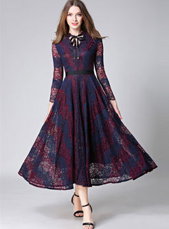 V-neck Hit Color Patchwork Lace Maxi Dress 