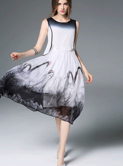Casual Print Slip Dress & Brief Sleeveless O-neck Top 