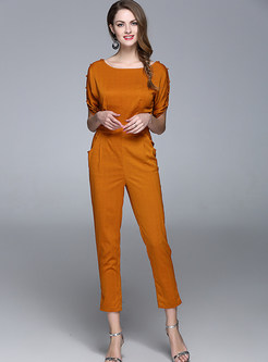 Cute O-neck Short Sleeve Solid Color Ankle-Length Jumpsuits