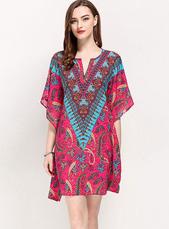 Ethnic V-neck Hit Color Print Shift Dress