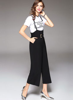 Casual Letter Print T-shirt & Stylish Wide Leg Overalls
