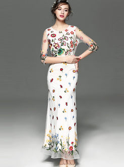 Elegant Voile Patchwork Embroidery Maxi Dress
