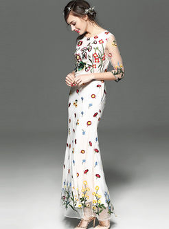 Elegant Voile Patchwork Embroidery Maxi Dress