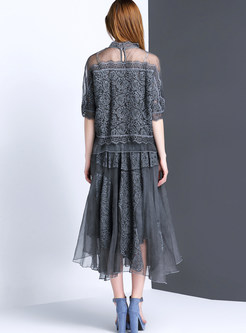 Brief Patch Hollow Lace Top & A-line Skirt Outfits