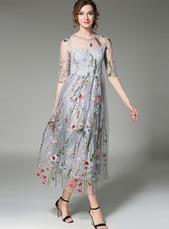 Elegant Half Sleeve See-through Embroidery Maxi Dress