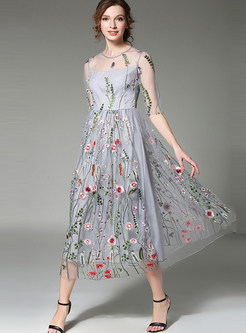 Elegant Half Sleeve See-through Embroidery Maxi Dress