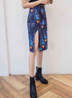 Asymmetric Slit Peacock Print Skirt