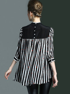 Stylish Loose Stand Collar Stripe Patchwork Blouse