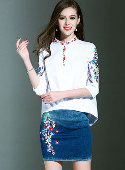 Brief Loose Embrodiery Top & Stylish Embroidery Denim Skirt