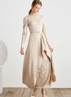Elegant O-neck Lace Patch Maxi Dress