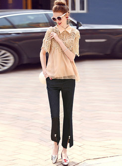 Brief Lace Turn Down Collar Loose Blouse