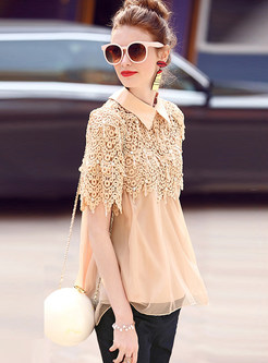 Brief Lace Turn Down Collar Loose Blouse