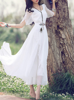 Cute V-Neck Short Sleeve Pleated High-Waist Maxi Dress