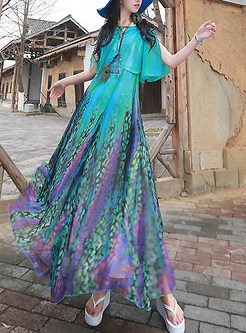 Bohemian Short Sleeve Print Pleated Maxi Dress