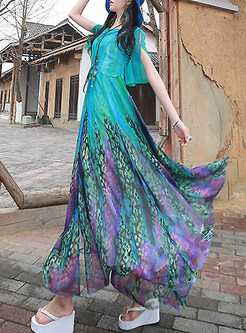 Bohemian Short Sleeve Print Pleated Maxi Dress