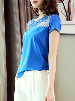 Casual O-Neck Lace Patch Hollow Solid Color T-Shirt