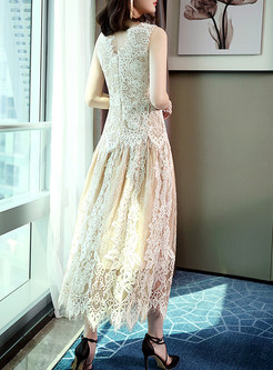 Cute Lace Patch Sleeve Pleated Sleeveless Skater Dress