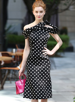 Slim Asymmetric Neck Dot Print Skinny Dress