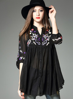 Casual V-Neck Embroidery Loose Slit Blouse