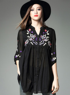 Casual V-Neck Embroidery Loose Slit Blouse