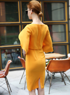 Yellow Asymmetric Sleeve High Waist Skinny Dress