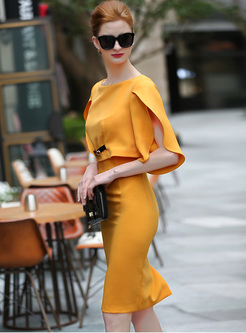 Yellow Asymmetric Sleeve High Waist Skinny Dress