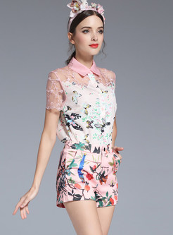 Sweet Patchwork Lace Print Turn Down Collar Two-piece Outfits