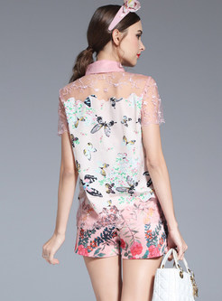 Sweet Patchwork Lace Print Turn Down Collar Two-piece Outfits