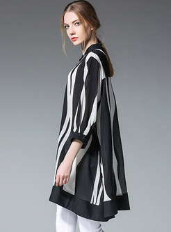 Loose Stand Collar Hit Color Stripe Blouse
