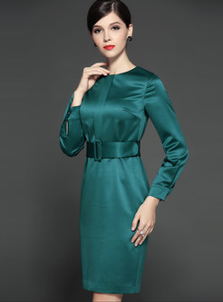 Brief Pure Color O-neck Tight Waist Bodycon Dress
