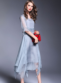 Elegant Blue High Waist Asymmetric Maxi Dress