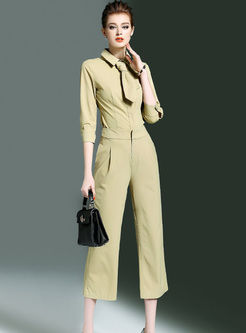 Elegant Green Slim Lapel Two-piece Outfits