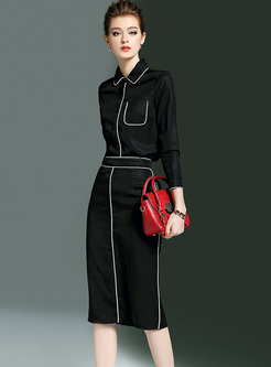 Work Slim Monochrome Color-blocked Two-piece Outfits