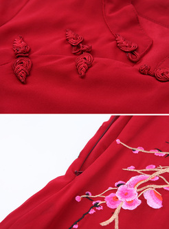 Vintage Plum Embroidery Improved Cheongsam Dress