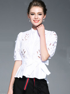 Chic Nipped Waist Embroidery Hollow Blouse